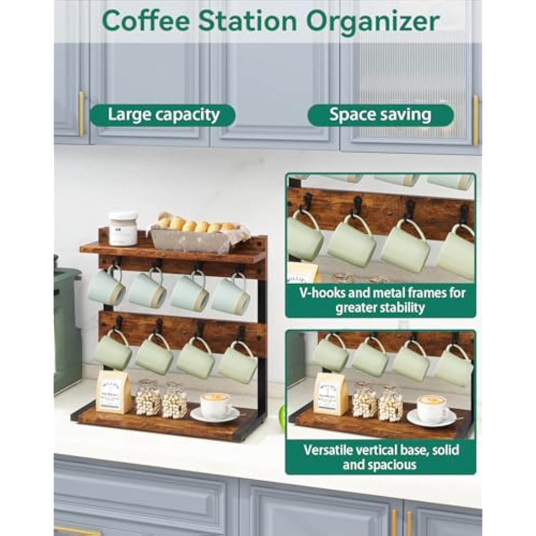 IBUYKE Rustic Coffee Mug Holder Stand, 2 Tier Countertop Mug Tree Holder Rack with Storage Base, Vintage Mug Holders for Kitchen, Holds 8 Mugs, Rustic Brown TBJ002H
