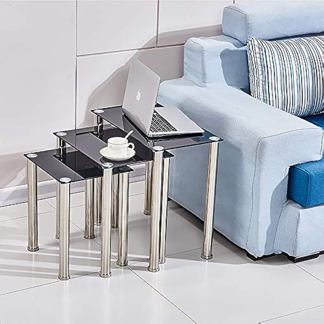 BELIFEGLORY Modern Design Nesting Tables, Set of 3 Coffee Table with Tempered Glass and Stainless Steel Legs, Space Saving Sofa Side Corner End Table (Rectangular - Black)