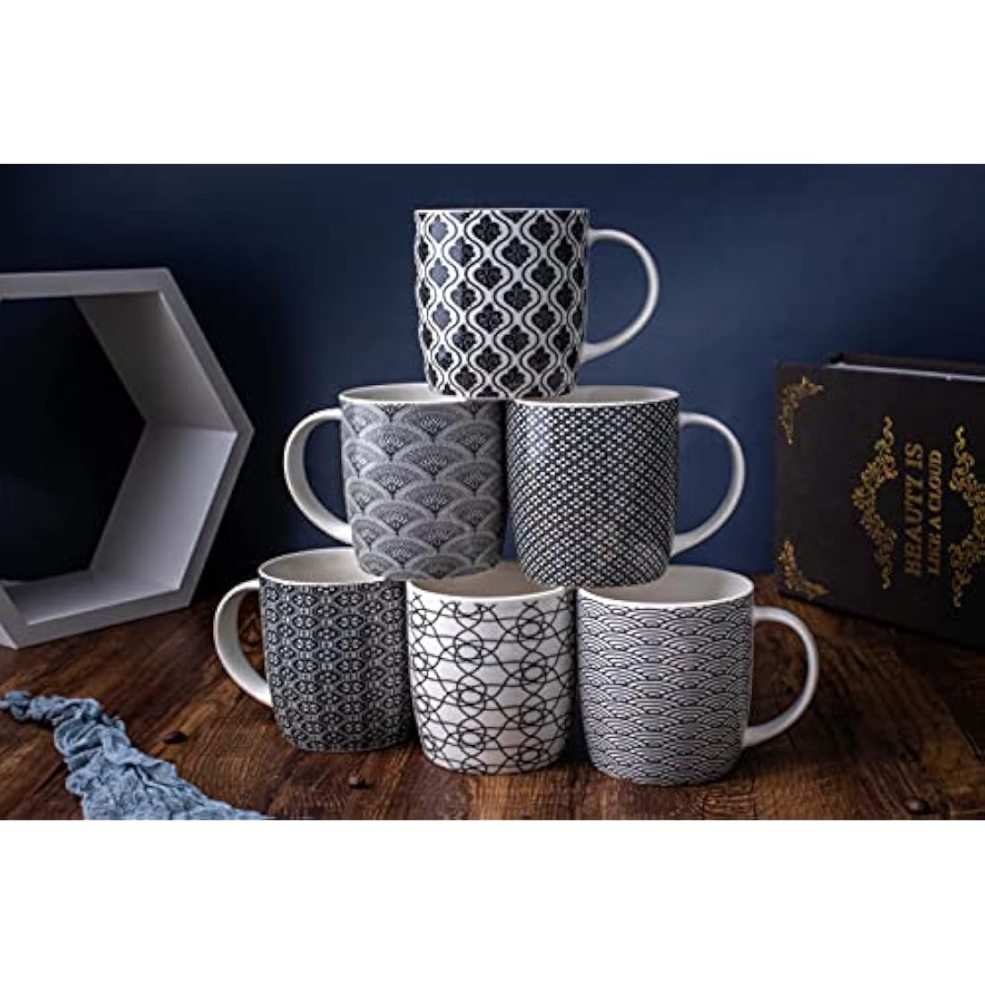 MACHUMA Set of 6 Coffee Mugs 340 ML/11.5 oz with Black and White Geometric Patterns, Ceramic Tea Cup Set 6 Pack