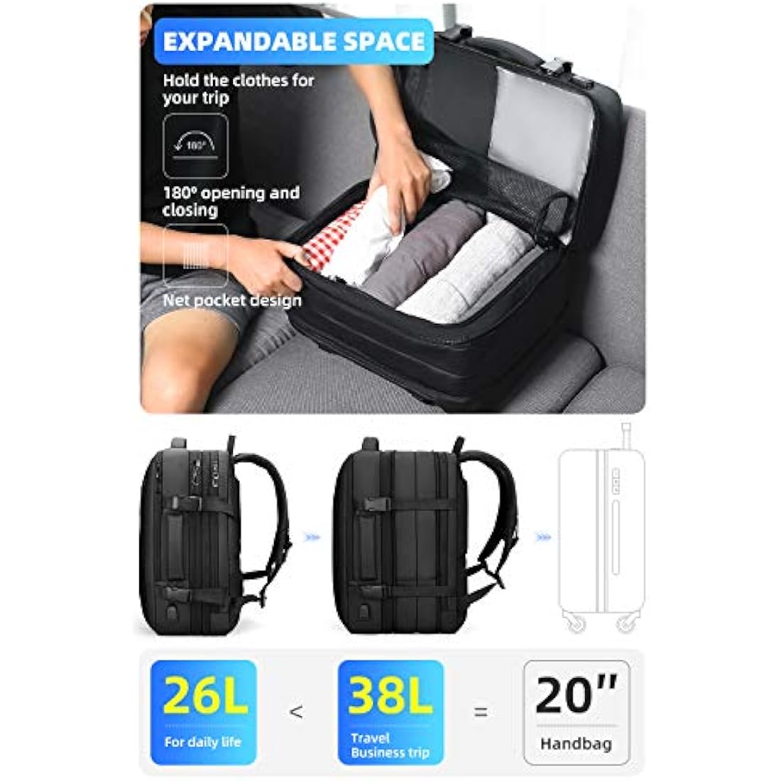 MARK RYDEN Laptop Backpack, Expandable 26L-38L Travel Backpack Cabin Size, Business Backpack Men with USB Charging Port Fit 17.3 Laptop-YKK Zip