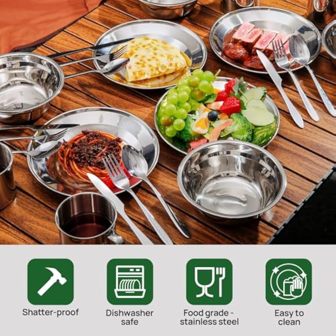 Odoland Camping Cutlery Set - Stainless Steel Tableware Mess Kit Includes Plate Cup Fork Spoon, 8 in 1 Flatware Kit with Mesh Bag - Dinnerware Utensils Set for Outdoor Camping Hiking and Picnic