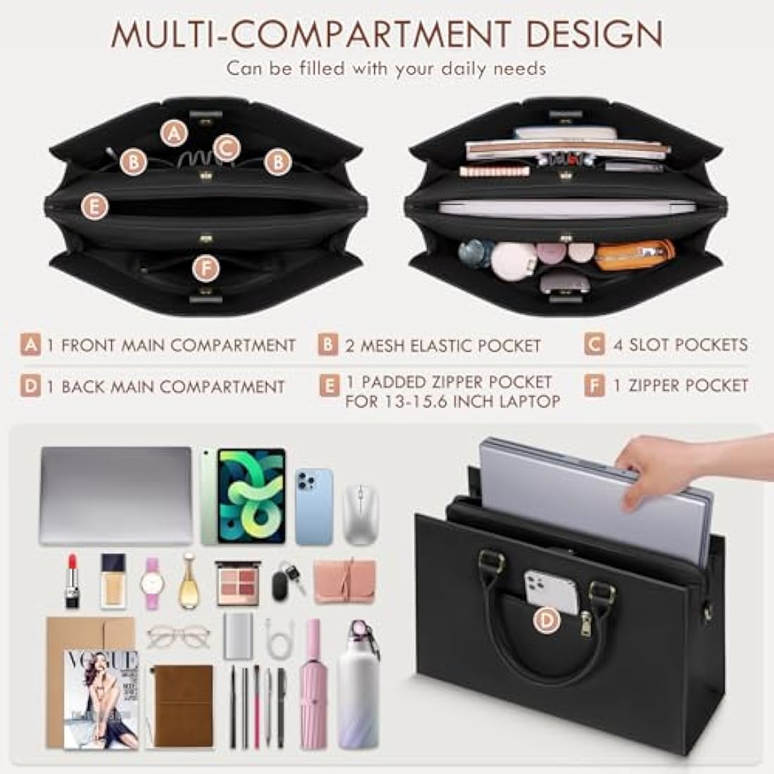 RAINSMORE Laptop Bags for Women PU Leather Work Bags for Women Tote Bag Large Handbag Shoulder Bag for Office Bussiness 15.6 Inch Black