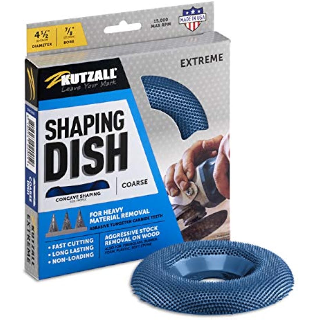 Kutzall Extreme Shaping Dish - Coarse, 4-1⁄2" (114.3mm) Dia. X 7⁄8" (22.2mm) Bore - Woodworking Angle Grinder Attachment for DeWalt, Bosch, Milwaukee, Makita. Abrasive Tungsten Carbide, DW412X90