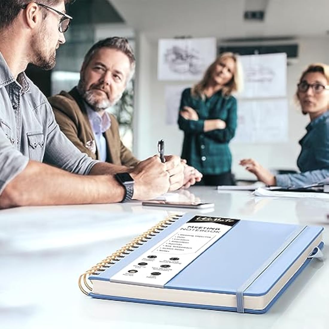 WEMATE Meeting Notebook B5 (7"x10") - PU Leather Planner Notebook with Agenda, Action Items & Notes - 200 Pages for Men&Women, Staff and Students, Meeting, Projects Planning - Light Blue