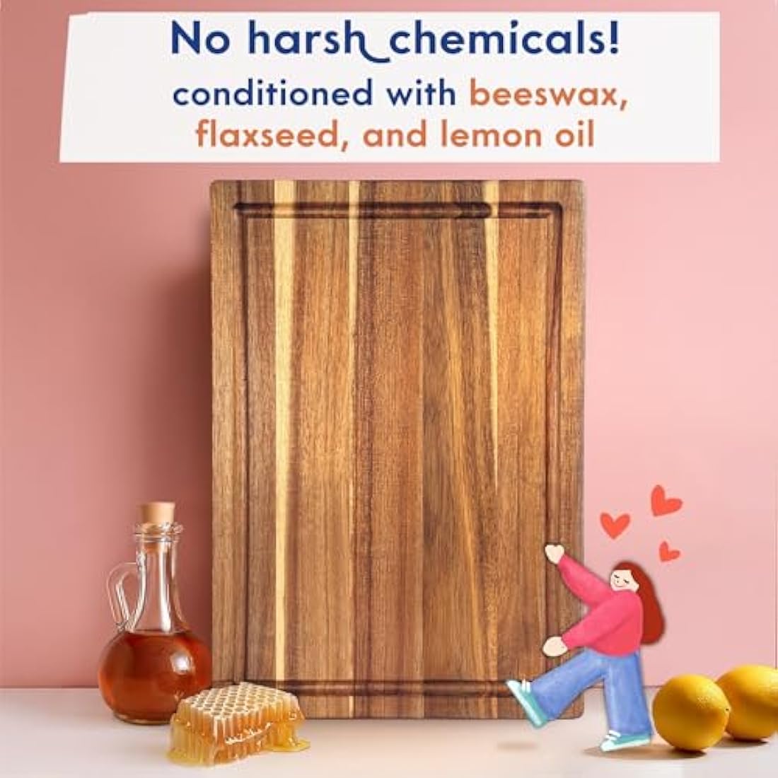 Non Toxic Chopping Board for Kitchen. Made from FSC-Certified Acacia Wood, Conditioned with Food-Safe Beeswax, Flaxseed Oil & Lemon Oil. 41 x 28 cm by Ziruma