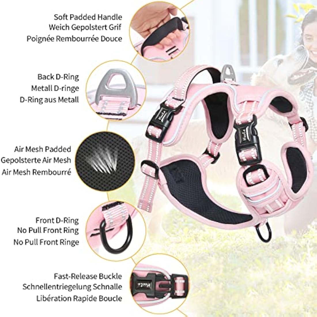 HEELE No Pull Dog Harness, Ex-Large, Release on Neck, Reflective, Adjustable with Front Back 2 Leash Attachments, Soft Padded Control Handle, Light Pink, XL