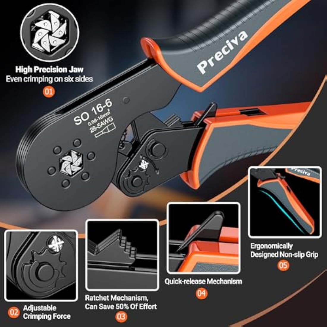 Preciva 0.08-16mm²/AWG 28-5 Crimping Tools, Wire Crimping Tool, Self-Adjsutable Ratchet Crimping Pliers, 16mm Bootlace Ferrule Crimping Tool, Gray&Orange (6 Side with Ferrules(0.08-16mm²))
