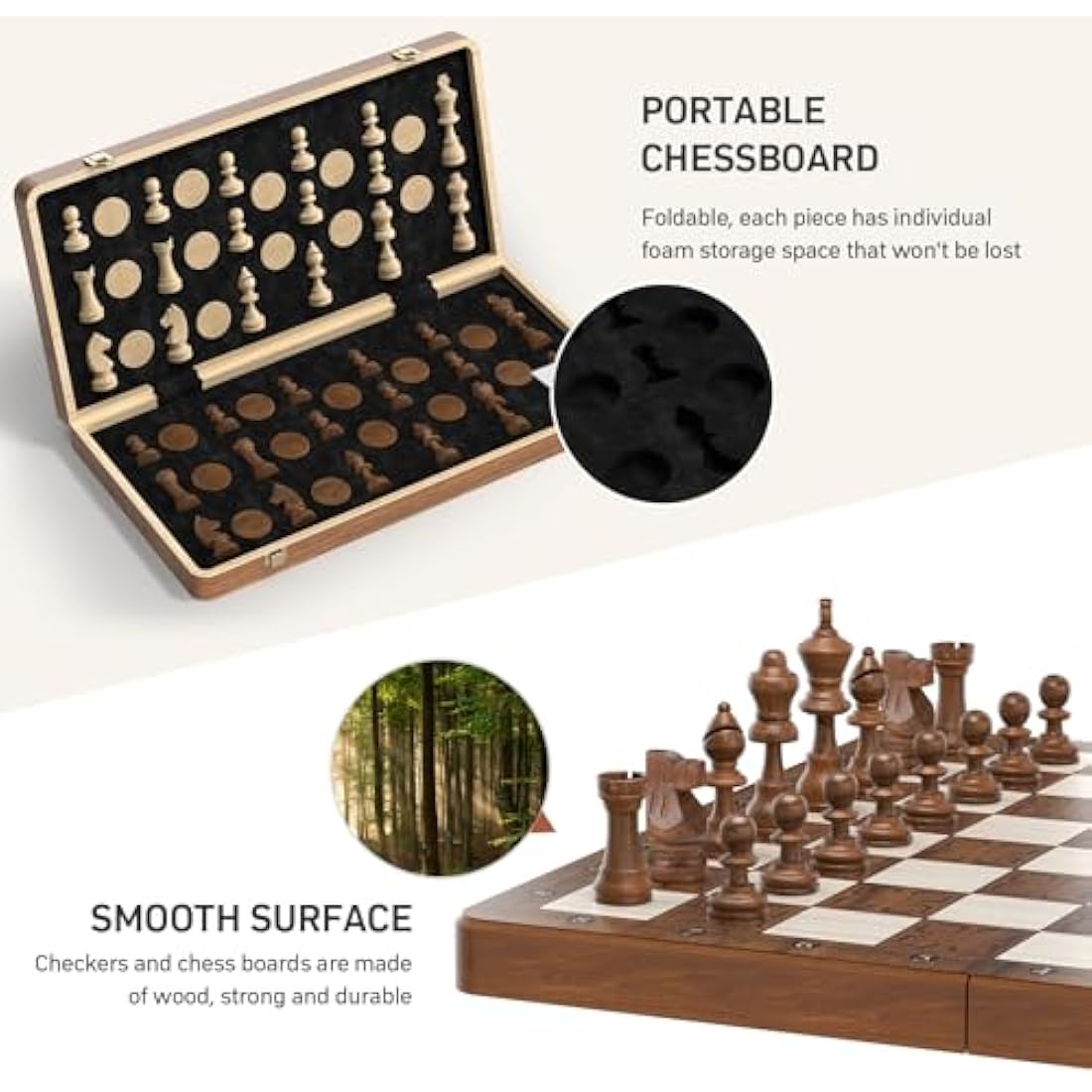 Sarr Klith Chess Set and Checkers 2IN1, 16" Wooden Magnetic Chess Board for Adults Kids, Foldable Travel Chess Set with 2 Extral Queen, Chess Gift Toys for Boys Girls