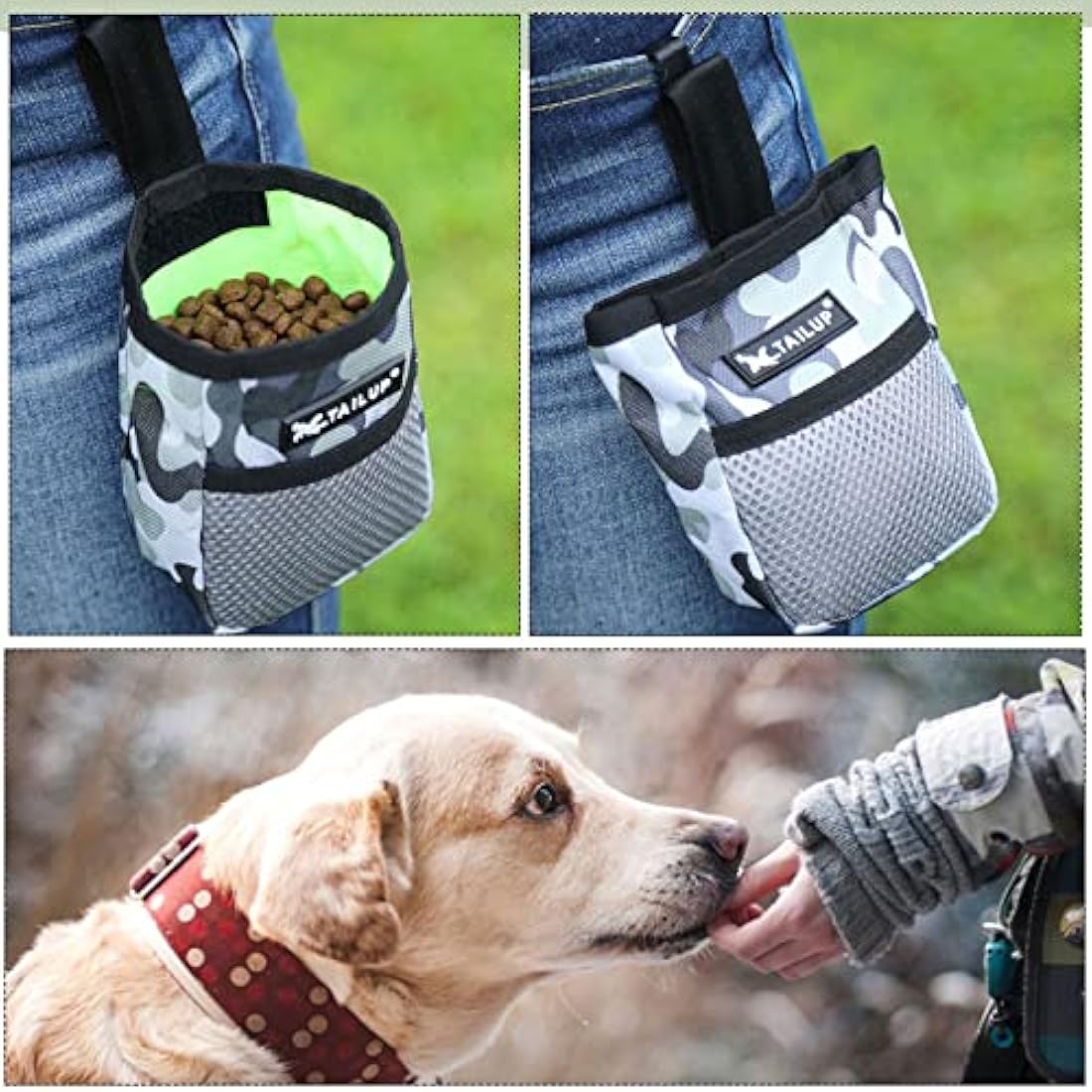 Lanjue 2 Pieces Small Dog Treat Bags, Black and Camouflage Color Dog Treat Pouch with Waist Belt Clip 600D Oxford Cloth Dog Walking Bag Treat Pouch for Dog Training