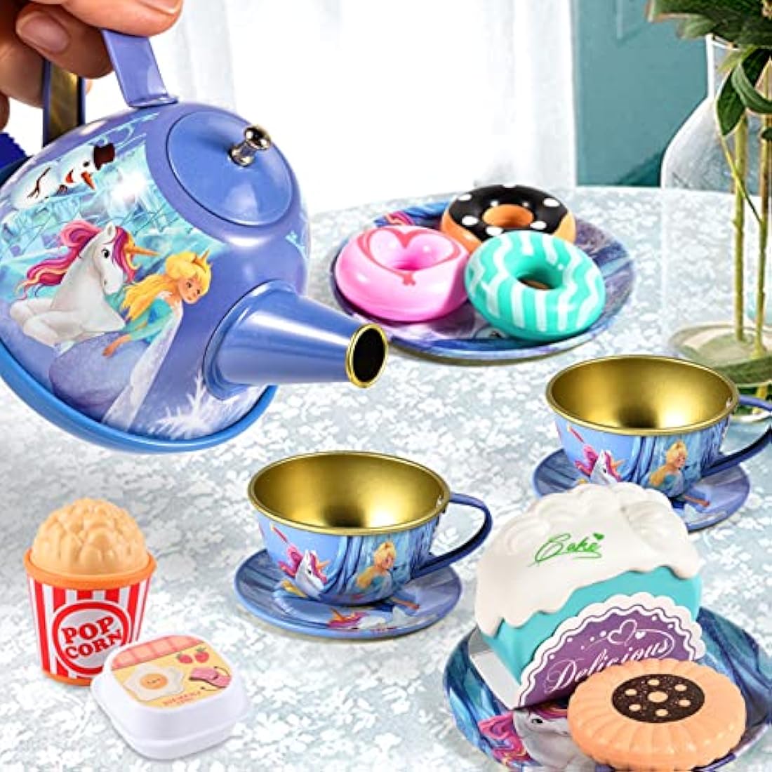 Toddlers Tea Set Frozen Toys Gifts for Girls 3 4 5 6 7 Years Frozen Elsa Tin Tea Party Set & Luxury Food Playset & Carry Case Princess Tea Time Kitchen Pretend Play Toys Princess Gift for Kids Girls