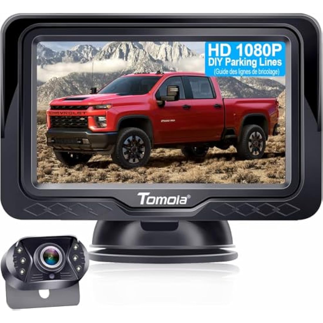 Reversing Camera Ease Setup Plug-Play - Color Clear Image Night Vision DIY Guide Lines HD 1080P No-Delay Rear View Camera with Monitor Waterproof LED with On/Off Switch for Car/SUV/Truck Tomoia T1