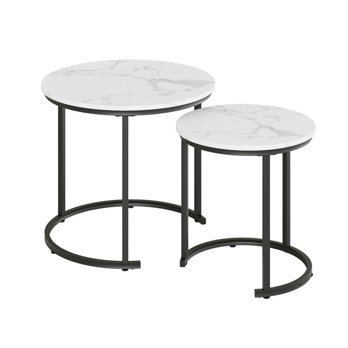 HEYZOEY Round Coffee Tables, Removable Set of 2 End Table, Nesting Table, Side Table with Black Metal Frame Legs and Marble White Top for Living Room