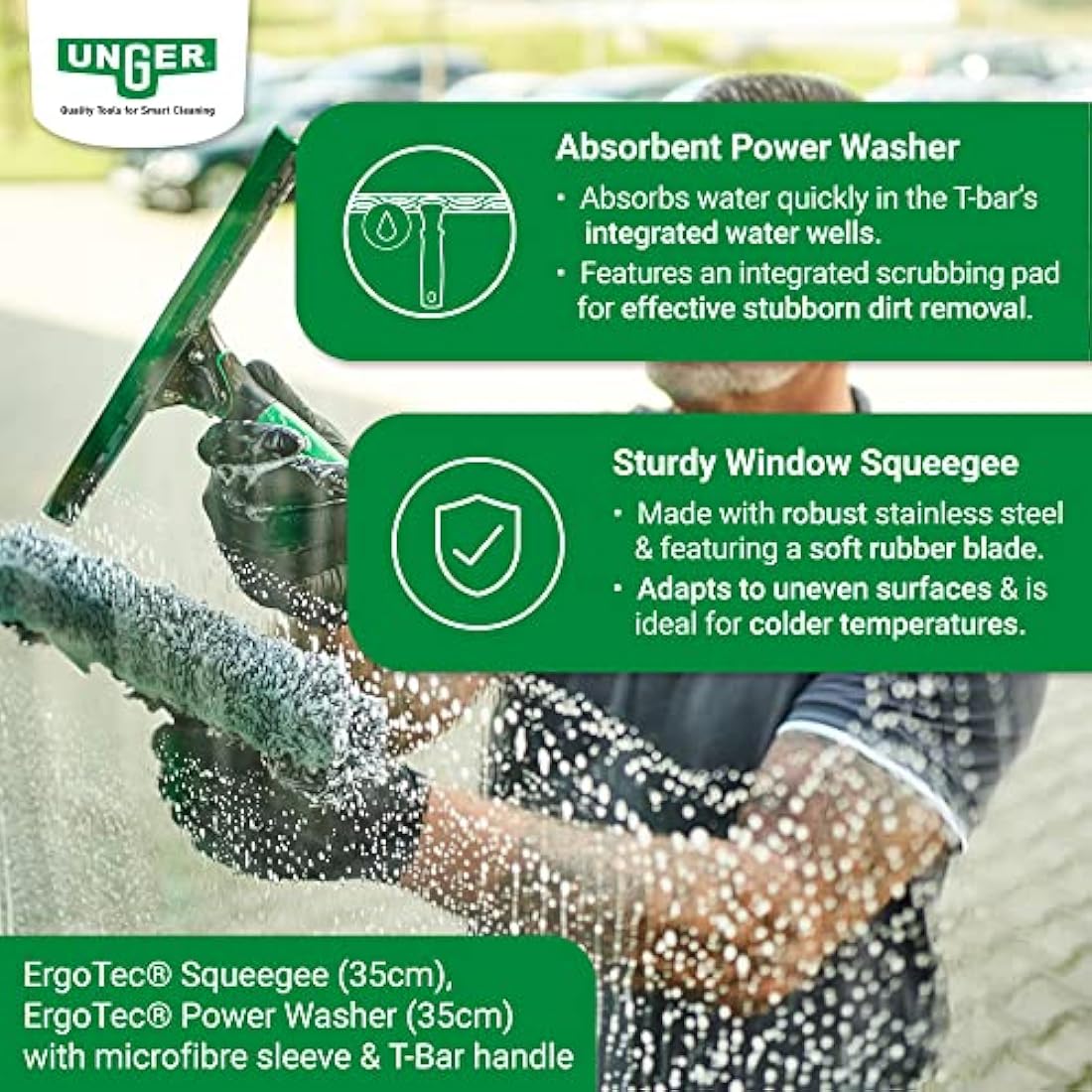 Unger AK013 Window Cleaning Kit – 3-in-1 Starter Set with Window Squeegee, Microfibre Washer with T-Bar Handle & 12L Cleaning Bucket – Professional Window Cleaner Set