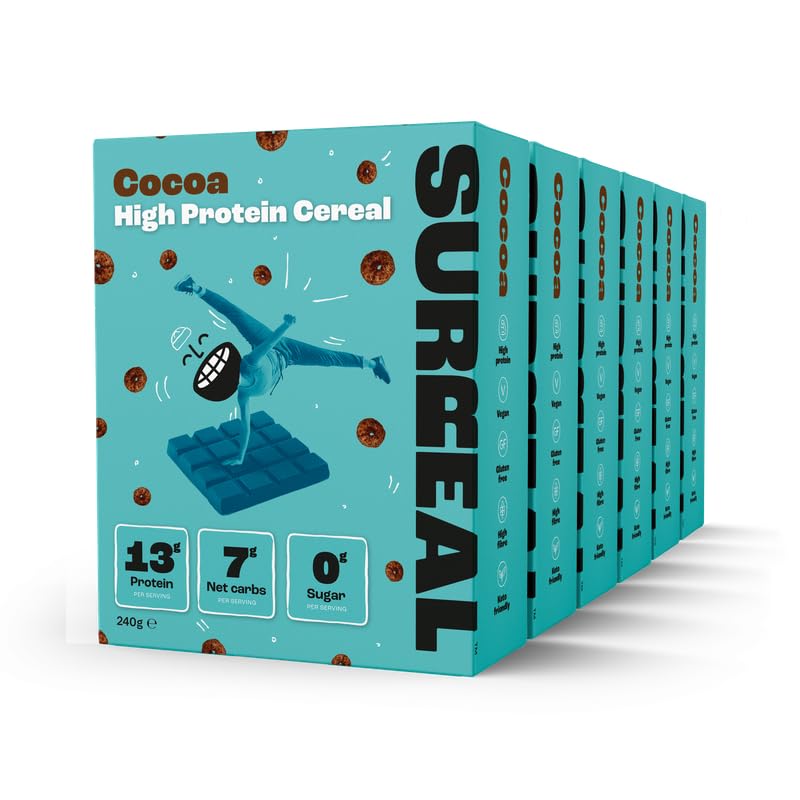 Surreal Chocolate Cereal - High Protein Cereal 6 Pack - Zero Sugar- Healthy Plant Based Cereal - High in Fibre - Low Carb - Gluten Free - Vegan - 13g