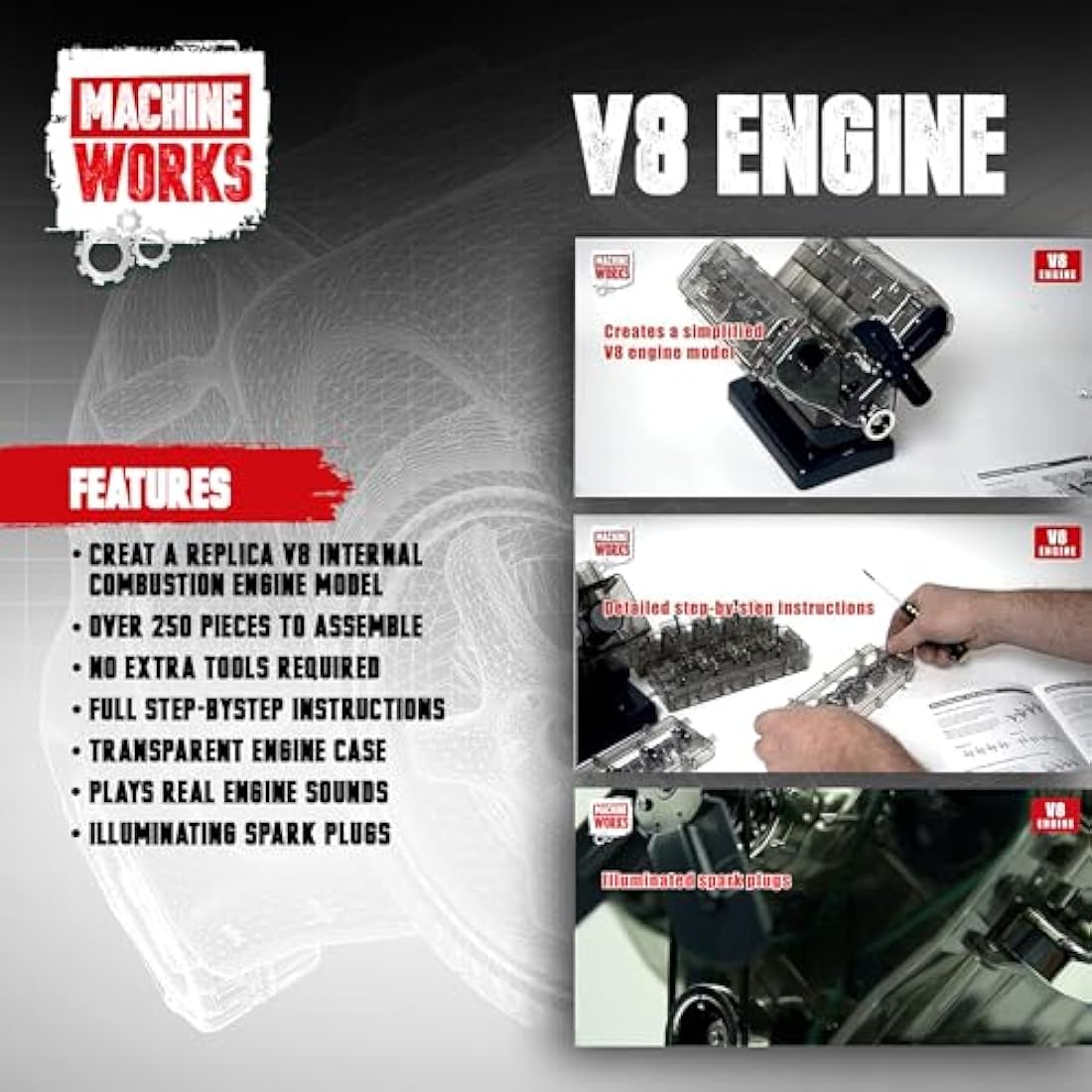 Machine Works Build Your Own V8 Engine Toy - Replica Model Building Kit - Features Augmented Reality, Sounds and Illumination, 4 Modes, 250+ Pieces, 10+ Years