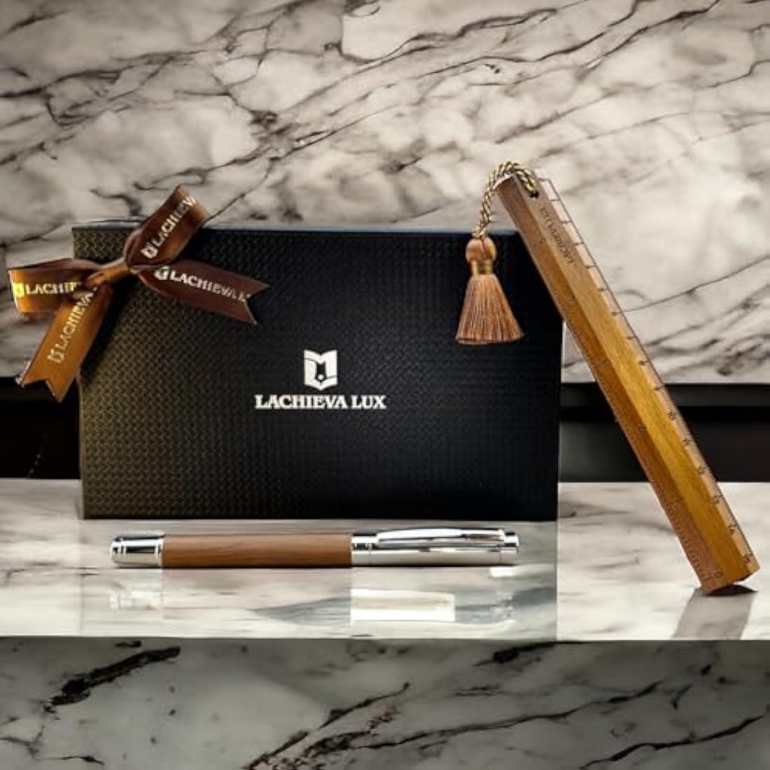 LACHIEVA LUX Fancy Walnut Rollerball Pen with Ruler/Book mark Set, Luxury Stationery Gift for Woman, Man