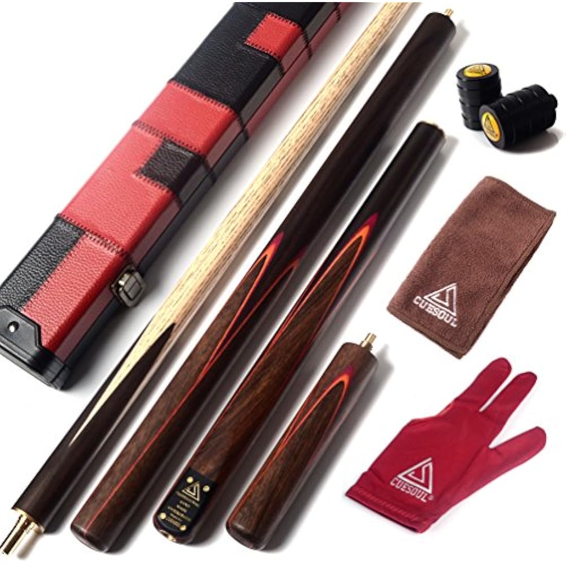 CUESOUL 57" 3/4 Joint Snooker Billiard Pool Cue Handcrafted Rosewood Butt Includes 50cm Rosewood/Telescopic Aluminium Extension with 6" Mini Butt, MDF Protective Case, 9.5mm Tip Snooker Cue Set