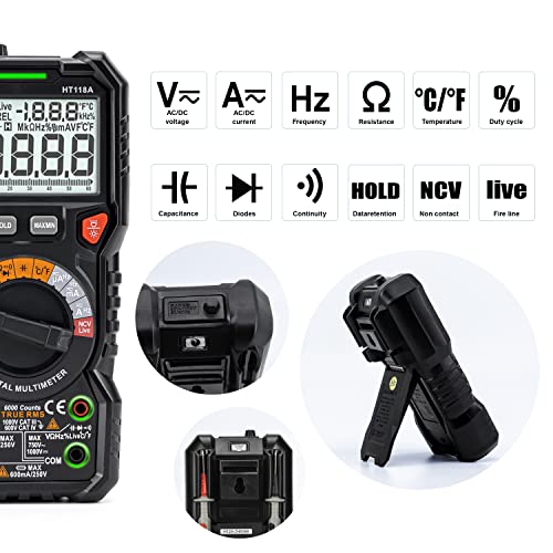 KAIWEETS HT118A Digital Multimeter Professional, T-RMS Autoranging Multitester 6000 Counts Measures AC/DC Current, Voltage, Continuity, Capacitance, NCV, Resistance, Duty, Diodes, Live, LED Jacks
