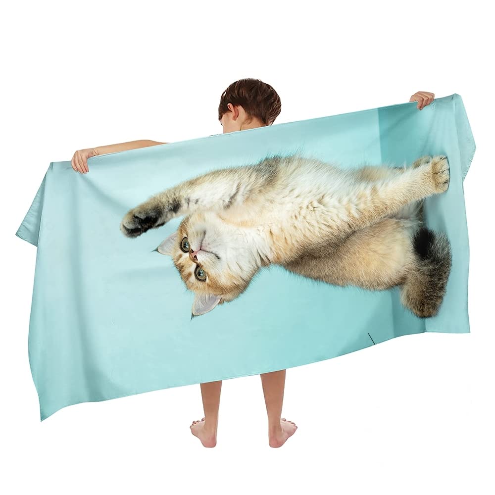 Ulticool Microfibre Children's Beach Towel 140 x 70 cm - Cat Dinosaur Blue - Lightweight Quick-Drying Travel Towel