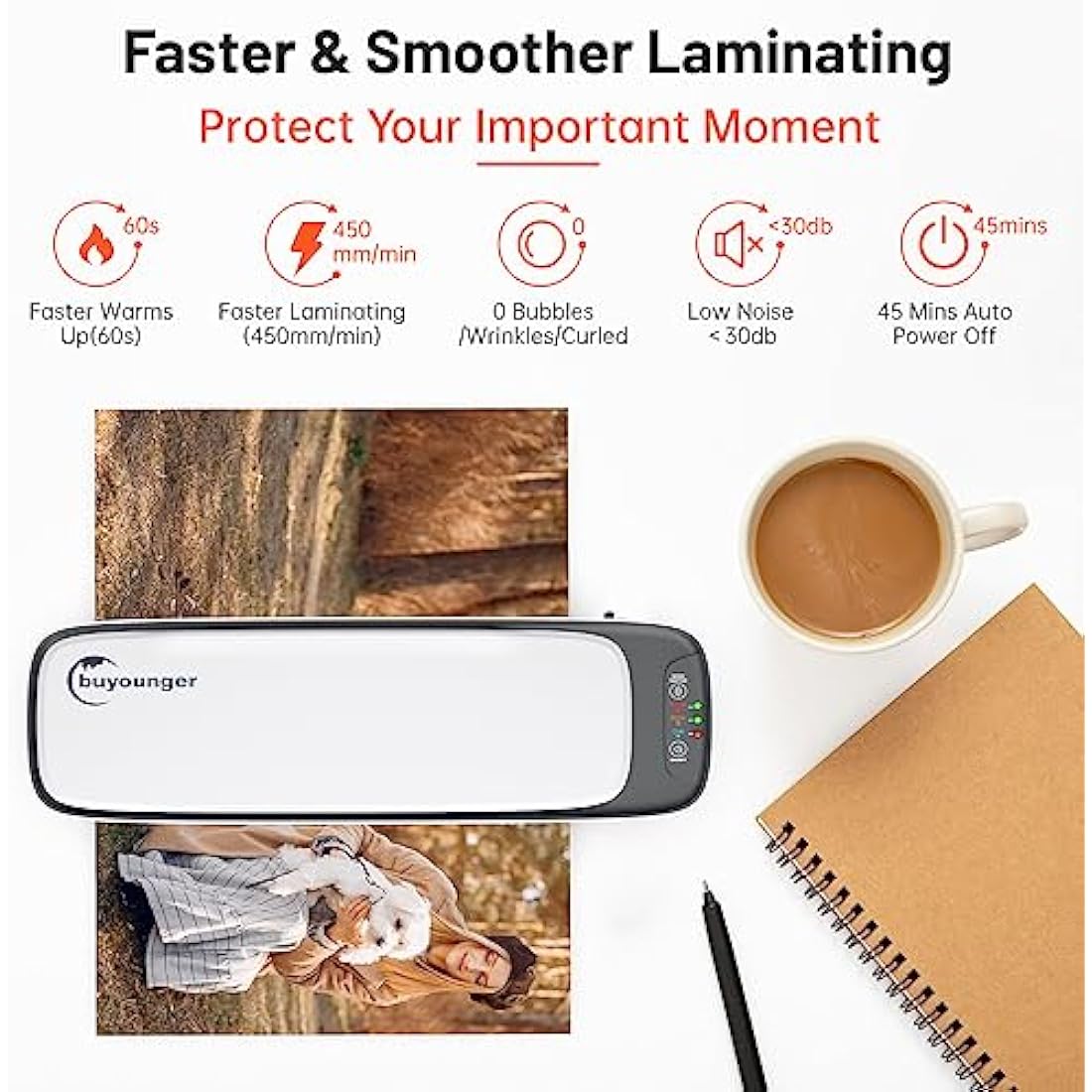 Buyounger Laminator, A3 Laminator Machine with 25 Pouches Thermal and Cold for A3 A4 A5 A6, 13 Inches Laminating Machine with 60s Warm-up for Home School Office