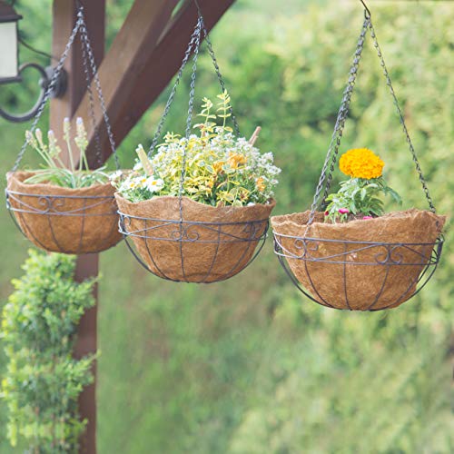 Relaxdays Set of 3 Flower Baskets, Coconut, 33 Litre Volume, with Chain, 35 cm Diameter, as Hanging Planters, Brown, Coco, 35x35x65 cm
