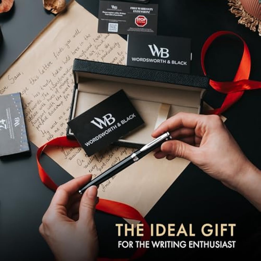 Wordsworth & Black Fountain Pen Set, 18K Gilded Fine Nib, Includes 24 Pack Ink Cartridges, Ink Refill Converter & Gift Box, Gold Finish, Calligraphy, [Black Chrome], Perfect for Men & Women