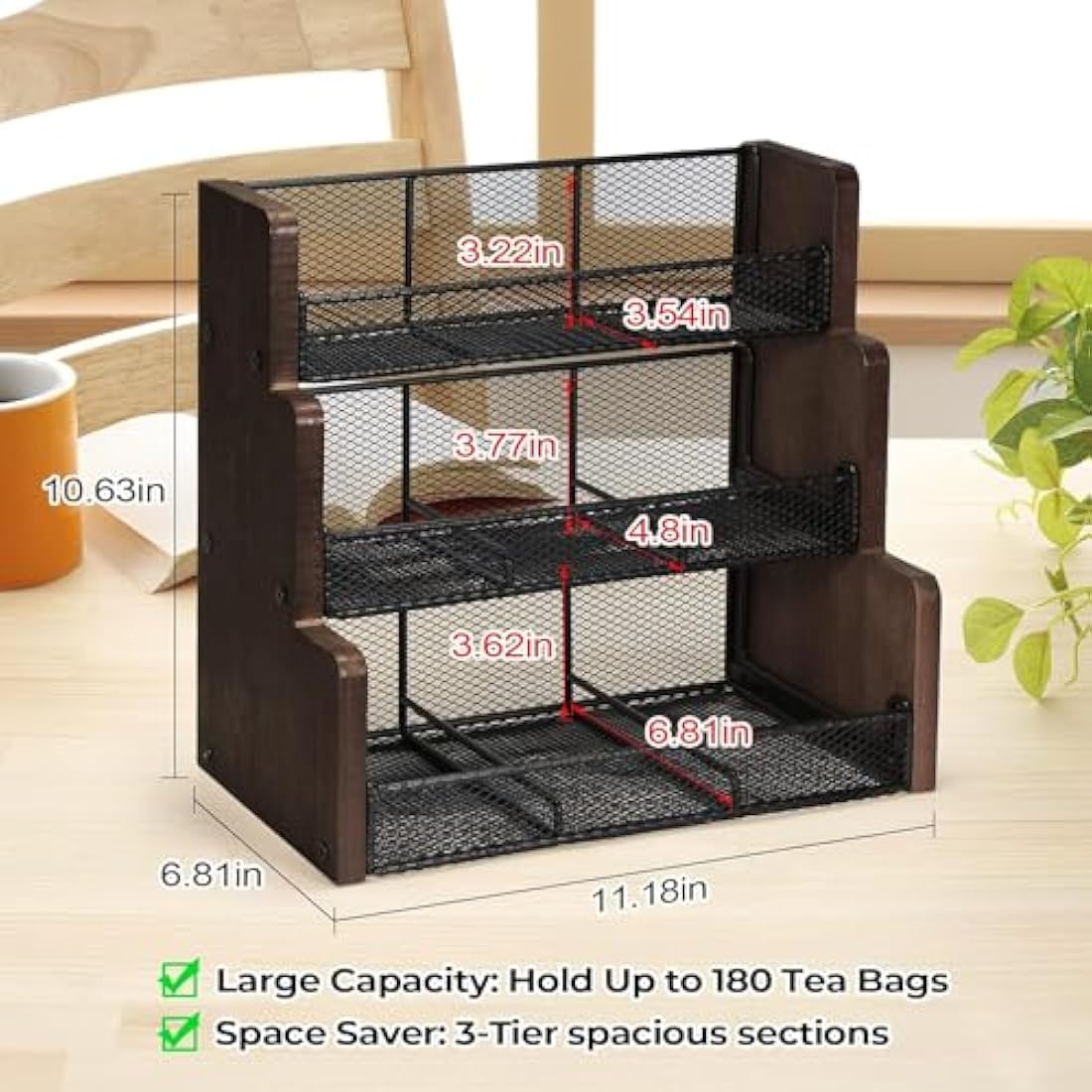 THYGIFTREE 3 Tier Tea Bag Holder, Tea Bag Storage, Solid Wood Tea Bag Organizer Box for Kitchen, Office, Countertop,Sugar Packets, Creamers Holder(Black)