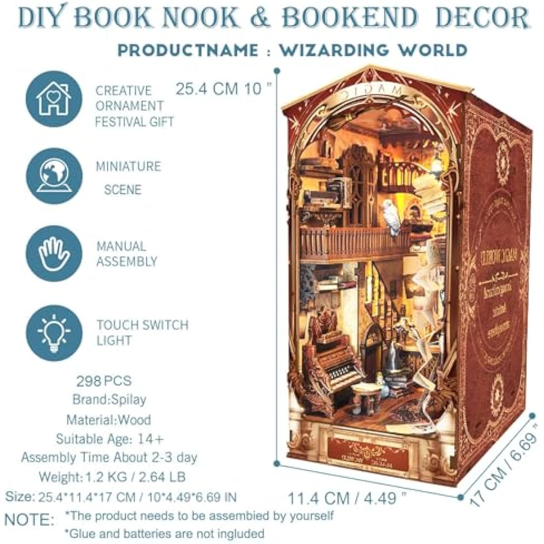 Spilay DIY Book Nook Kit, DIY Puppenhäuser holz Miniatur Haus Möbel Kit Mit LED-Licht,Schutzhülle,3D Holzpuzzle Buchstütze Bücherregal Dekoration,Buchstützen Modell Build-Creativity Kit-SQ14