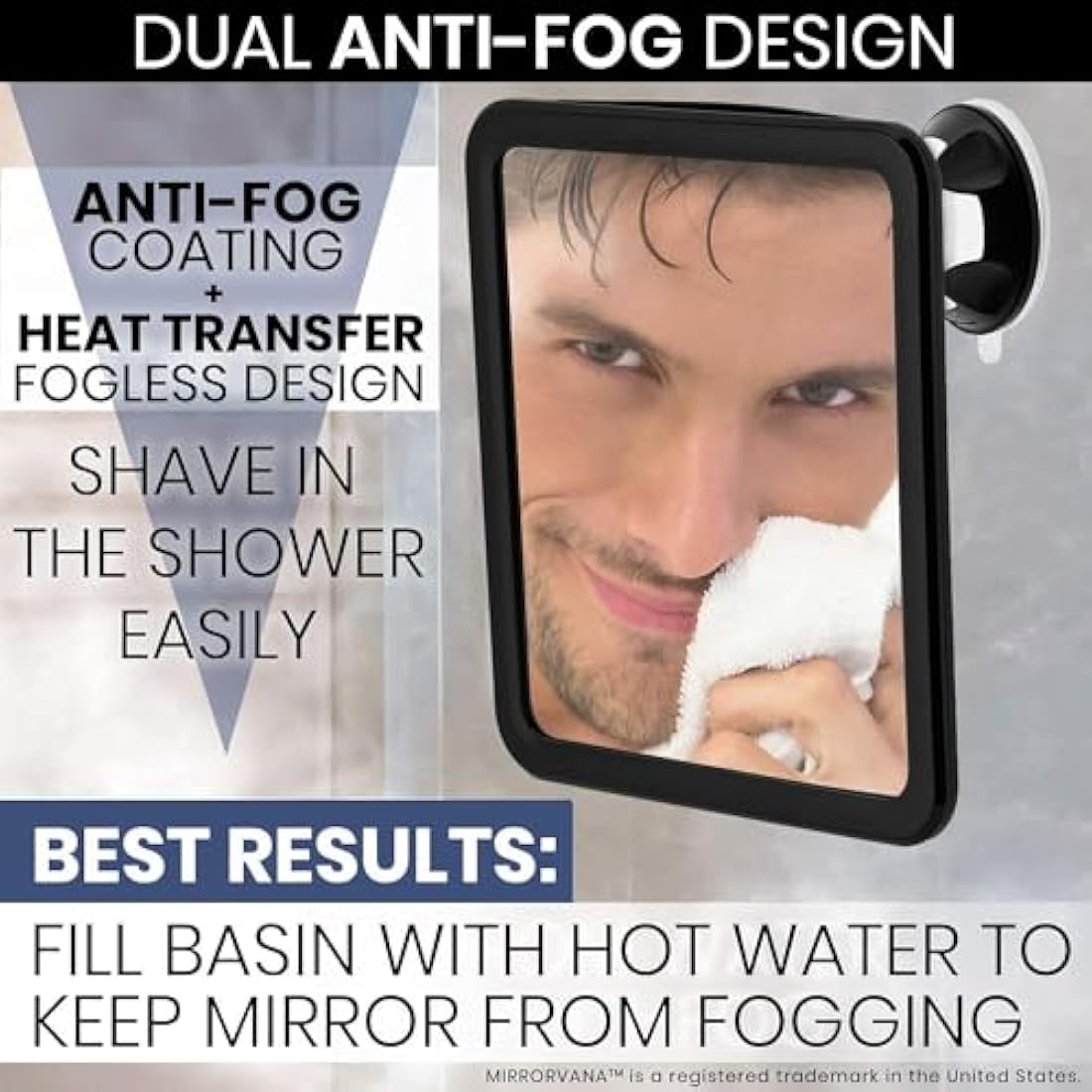 MIRRORVANA Fogless Shower Mirror for Shaving with Upgraded Suction Cup, Dual Anti Fog Design, Shatterproof Surface & 360° Swivel - Large Anti Mist Bath Mirror - 20cm x 18cm