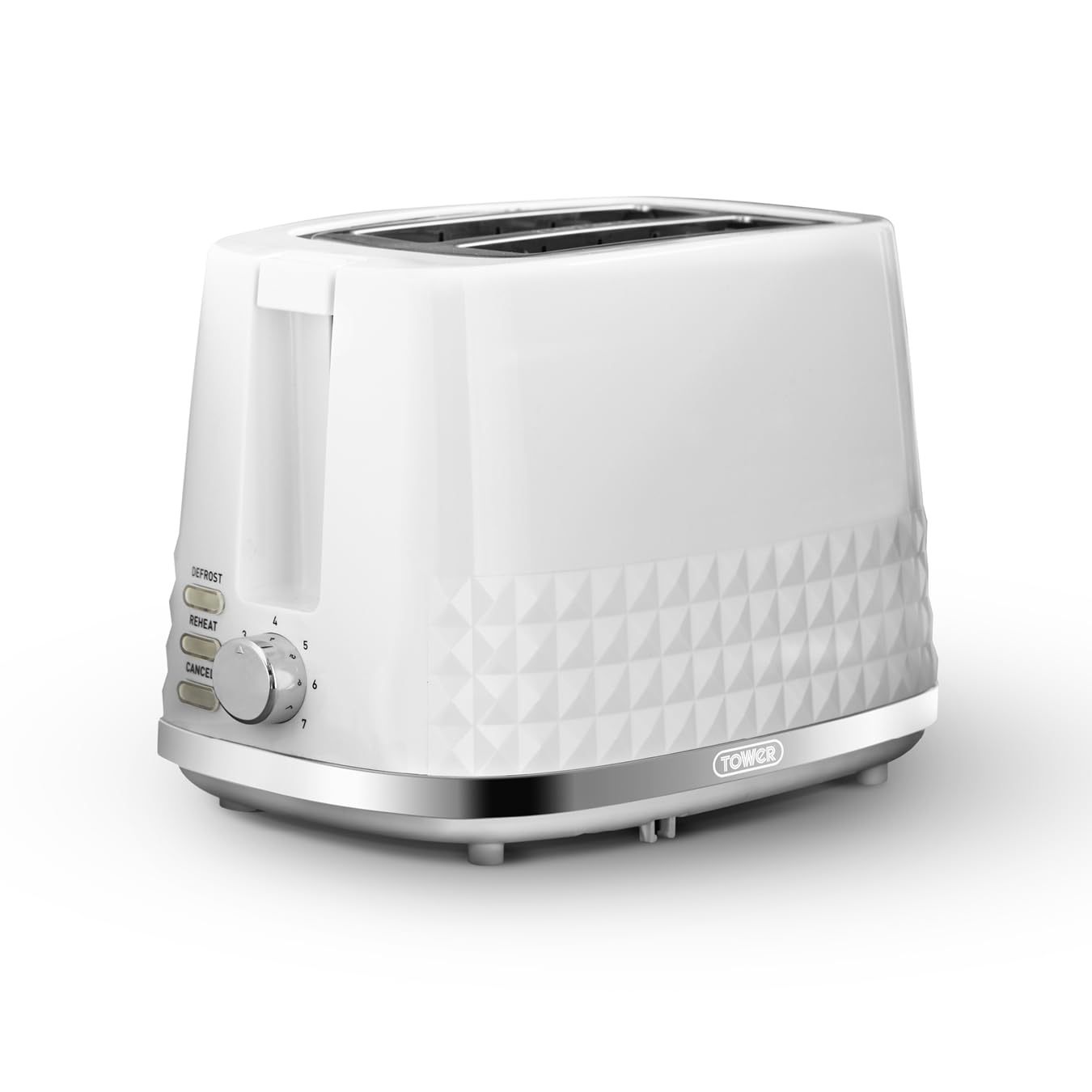 Tower T20082WHT Solitaire 2 Slice Toaster, Browning Control, 850W, White with Chrome Accents