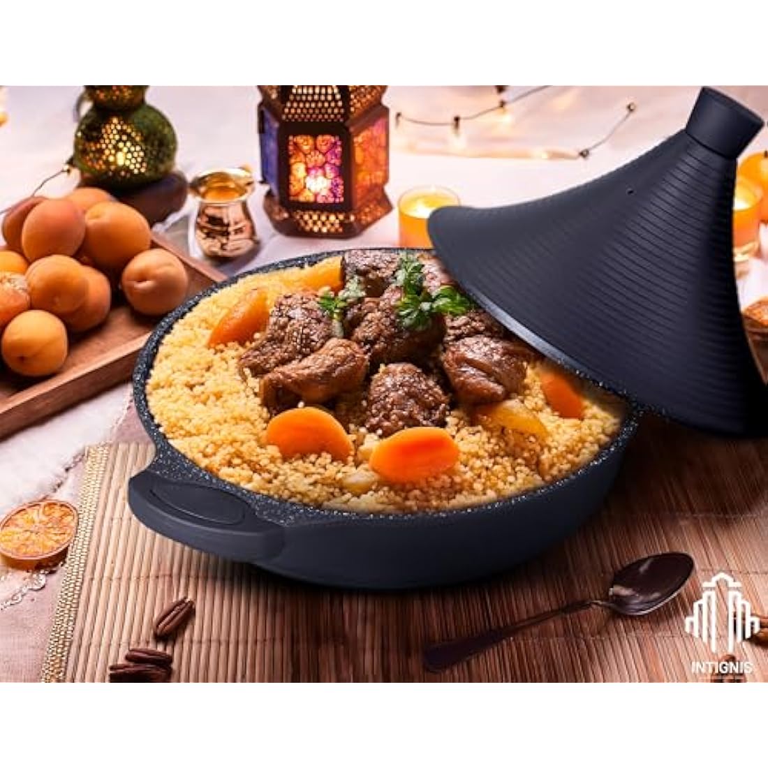 INTIGNIS® Tagine Cooking Pot | 28cm / 4.1 L | Large Casserole Dish | Nonstick Chemical Free Coating | Compatible with all Hobs | Traditional Moroccan Tender Slow Cook Tajin Pan (Black)