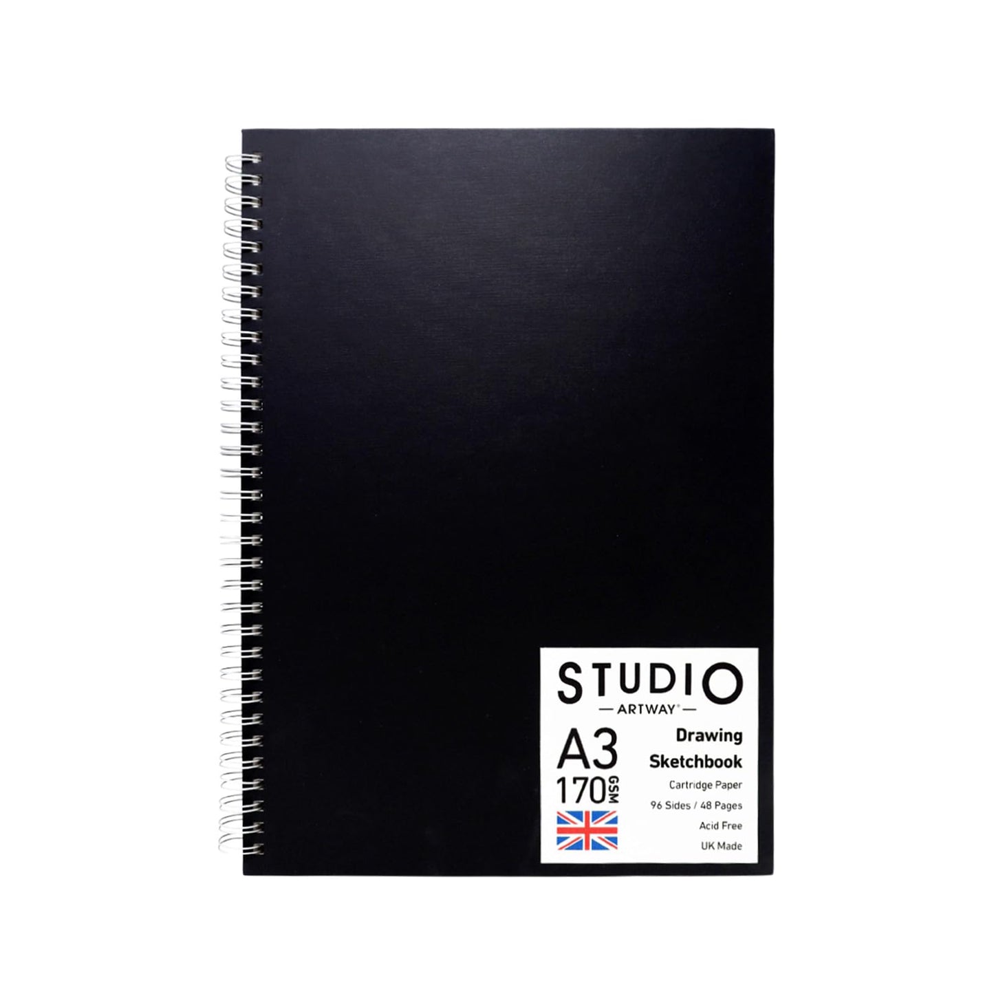Artway Studio ? Spiral Bound A3 Sketchbook ? Portrait - 96 Sides/48 Pages of 170gsm Cartridge Paper ? Black Hardback Sketchbook