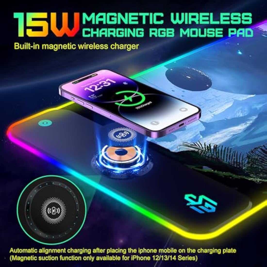 GIM Wireless Charging RGB Gaming Mouse Pad 15W, LED Mouse Mat 800x300x4MM, 10 Light Modes Extra Large Mousepad Non-Slip Rubber Base Computer Keyboard Mat for Gaming (Magnetism-Planetary Dreams)