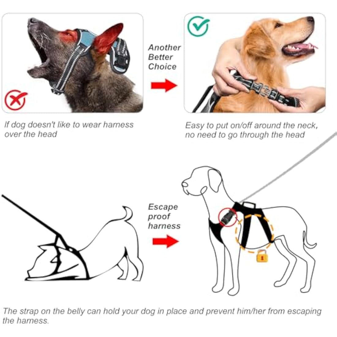 HEELE Dog Harness, Escape Proof Dog Harness, Release on Neck, No Pull Reflective Adjustable Vest with Durable Handle, Dog Harness for Outdoor Training Walking, Harness for Large/Active Dogs, Black, L