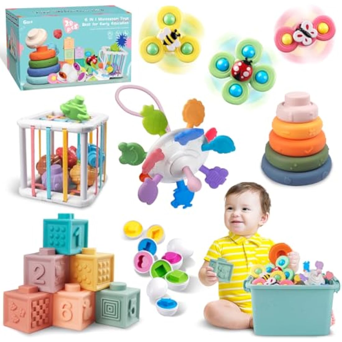 Weilim Baby Toys for 6 to 12 Months, Montessori Babies, Sensory Bins Toddlers 1-3, Pull String Teether Infants Bath in 1 Stacking Blocks Rings, Matching Eggs, Suction Cup Spinner Toy