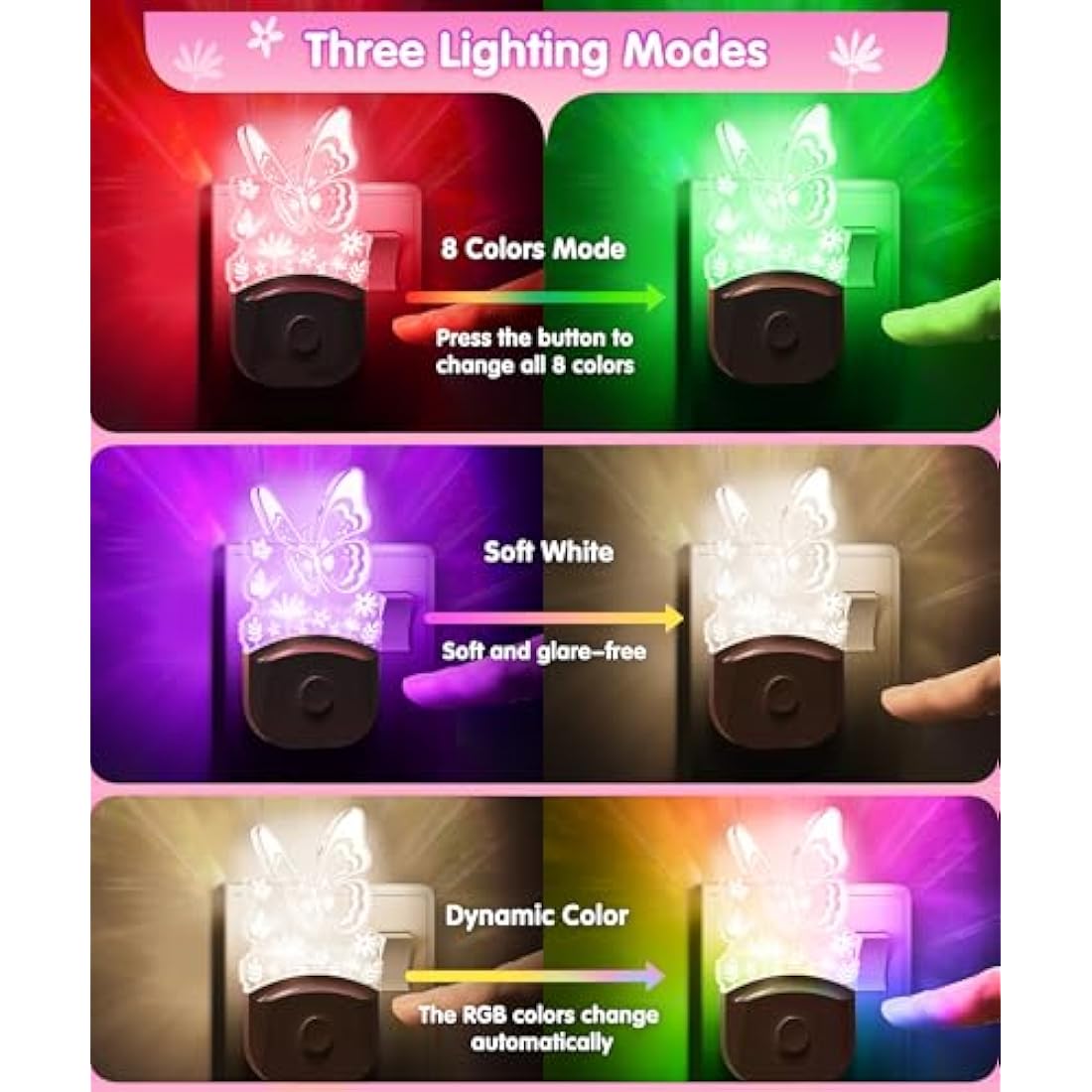 LOHAS-LED Butterfly Night Light for Kids, LOHAS Plug in Night Light, LED Night Light Dusk to Dawn Sensor, RGB + Warm White, 3 Lighting Modes, Gifts for Girls, Kids, Room Decor