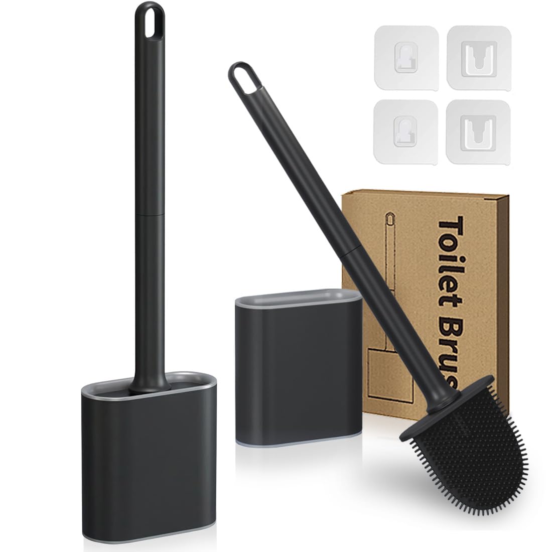 2 Pack Silicone Toilet Brush with Holder Set Flexible Bristles Black