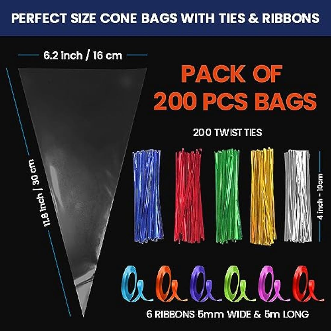 Sweet Cone Bags with Twist Ties and Ribbons, 100Pcs Cellophane Crystal Clear Sweet bags, Triangle Sweet Party Cones Bags Perfect for Halloween, Christmas and many more (16x30cm - Pack of 200)
