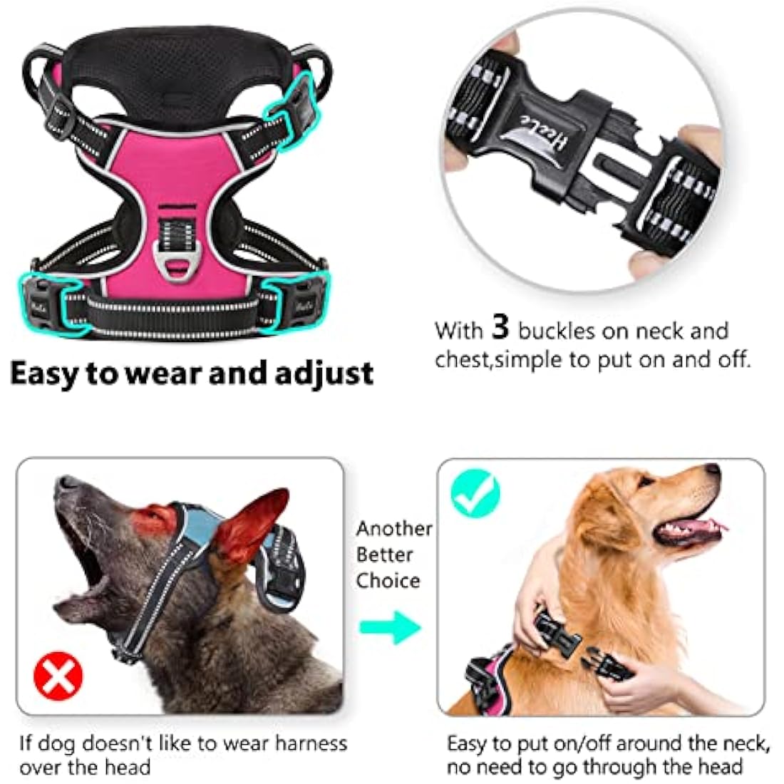 HEELE No Pull Dog Harness - Reflective, Adjustable with Front/Back Leash Attachments & Soft Padded Control Handle for Small to Large Dogs, Fuchsia, L