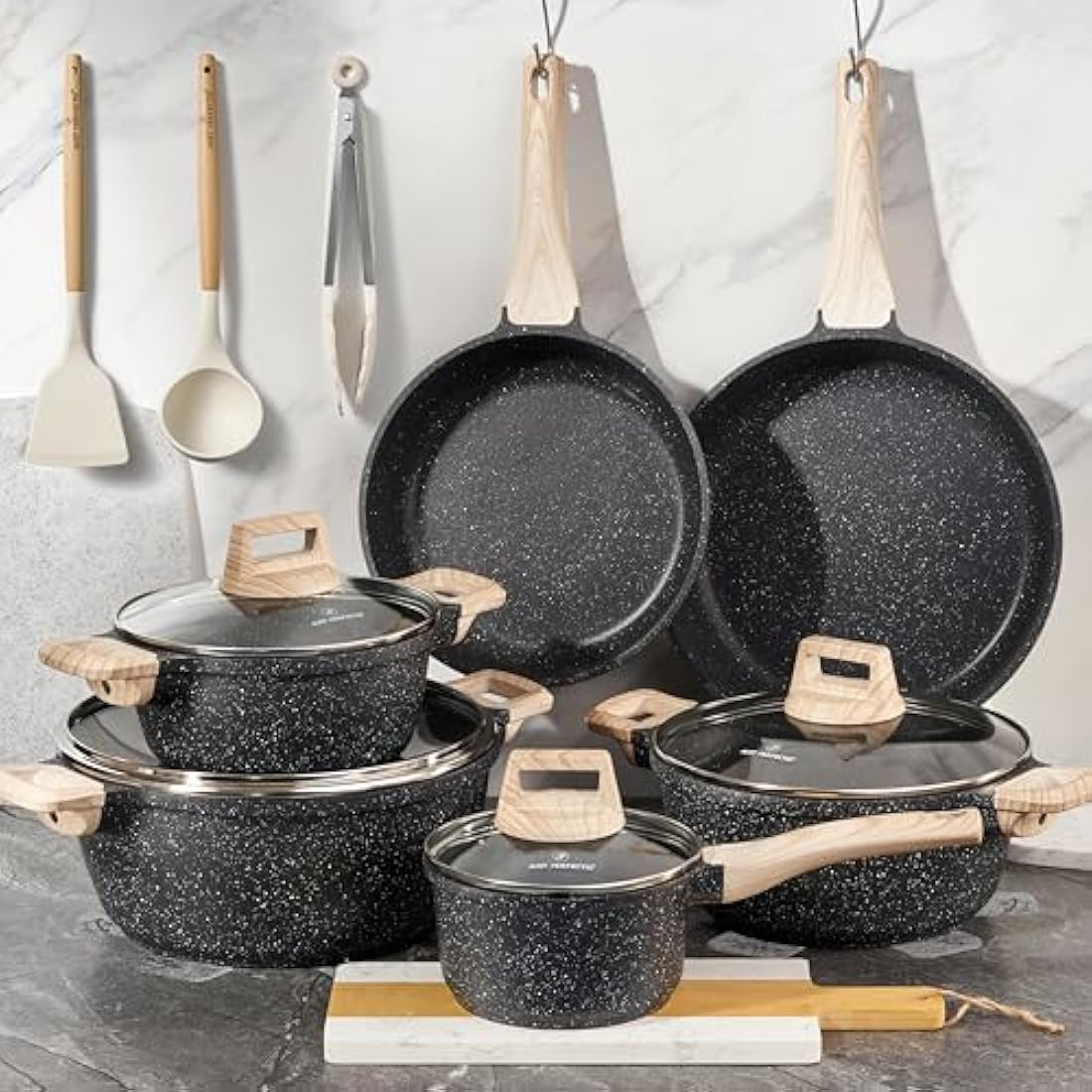 Just Perfecto Pots and Pans Sets Non Stick, Induction Hob Pan Set of 15 pcs, Saucepan Set, Non Stick Frying Pan Set with Lid Stock Pot, Deep Frying Pan, Pots and Pans Set Hob Granite Cookware Set
