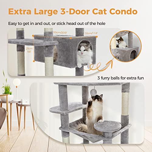 PAWZ Road Large Cat Tree 72.4 Inches 184cm, 6.1ft Cat Tower for Large Cats, Condo with Sisal-Covered Scratching Posts and Pads, 2 Padded Perch, Dual