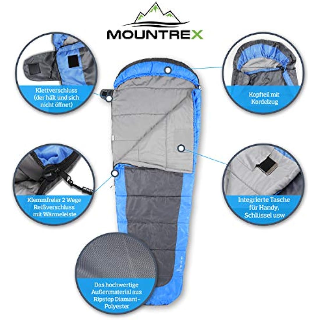 MOUNTREX® Sleeping Bag - Ultralight & Compact (850 g) - Outdoor Summer Sleeping Bag - Mummy Sleeping Bag (205 x 75 cm) - Small Pack Size and Lightweight - for Teenagers and Adults + Bonus Travel