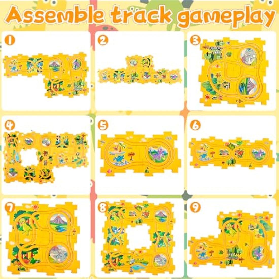 Pipihome DIY Assembling Electric Trolley, Puzzle Car Track Set with Vehicles, Car Track Toy, Race Tracks for Boys Age 3, Rail Car Building Montessori Toys for 3+ Year Old Boys & Girls, Dinosaur