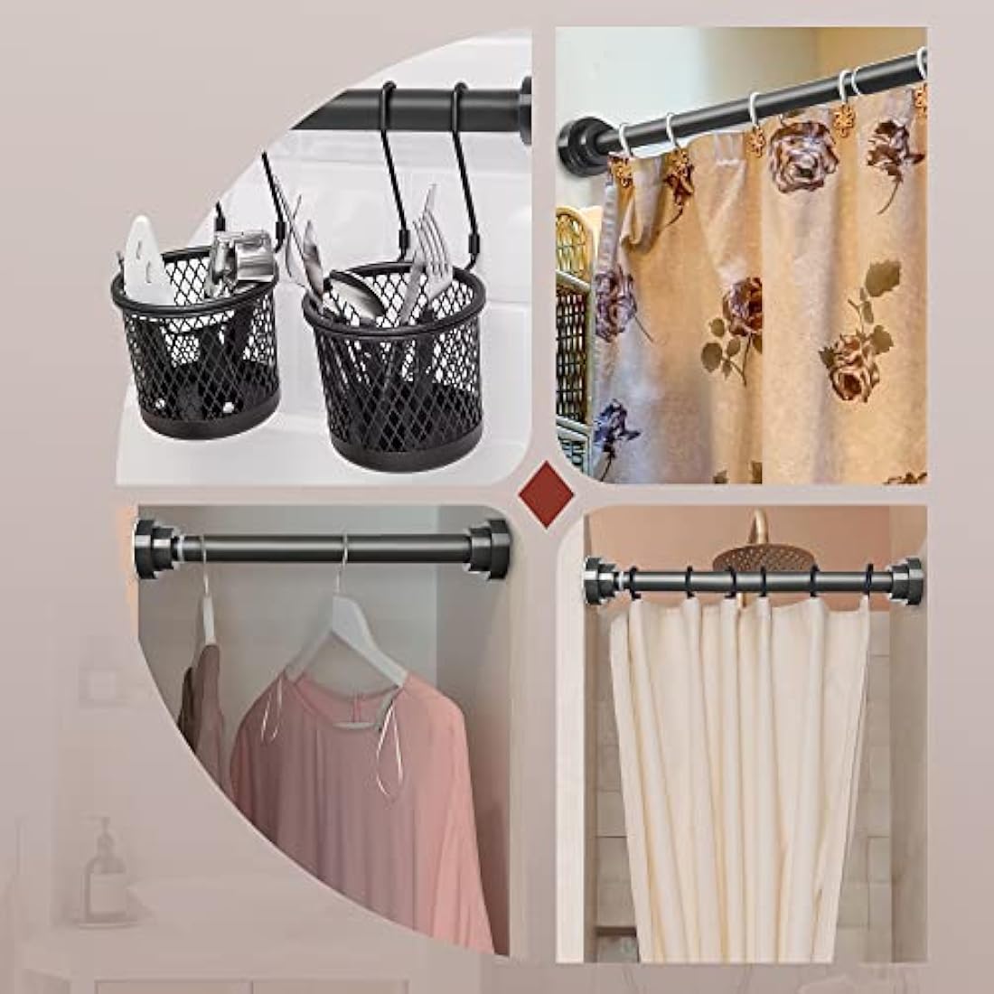 Stainless Steel Extendable Shower Curtain Pole 105-175cm Tension Rods for Curtain Telescopic Curtain Poles No Drilling Adjustable Shower Curtain Rail for Kitchen Closet Bathroom Window, Dark Grey