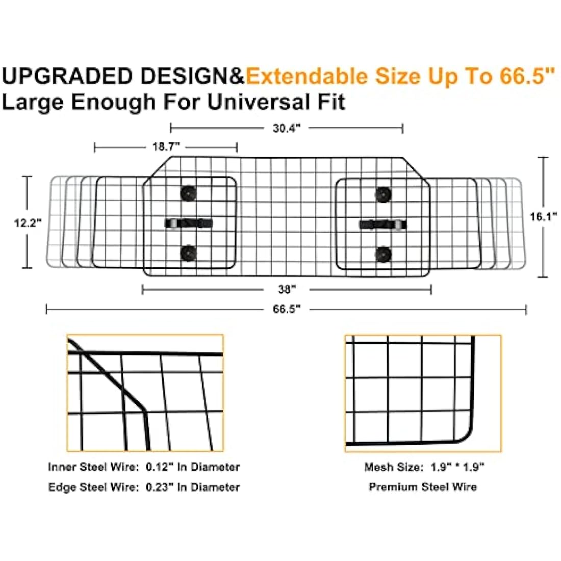 NOAMOO 38-66.5 Inches Dog Car Barrier for SUVs, Van, Vehicles, Adjustable Large Pet Barriers, Universal Fit Heavy-Duty Wire Mesh Dog Guard, Pet Divider Gate for Truck Cargo Area, Safety Car Divider