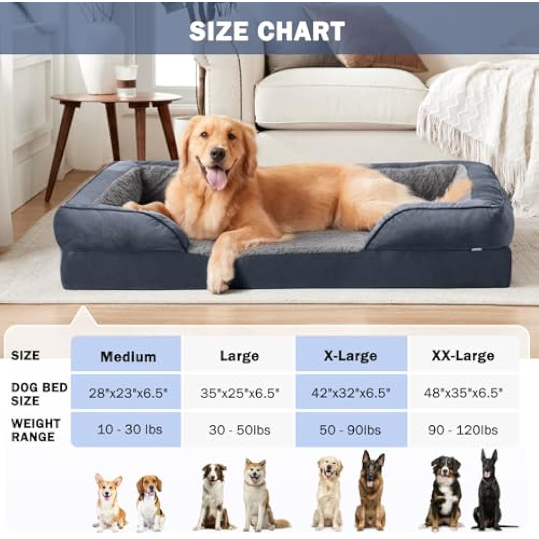 JOEJOY Extra Large Dog Bed, Orthopedic Memory Foam Dog Beds, Washable Dog Bed, Grey, Fits up to 90lbs, Good for Golden Retriever, Labrador，German Shepherd，Samoye，Rottweiler
