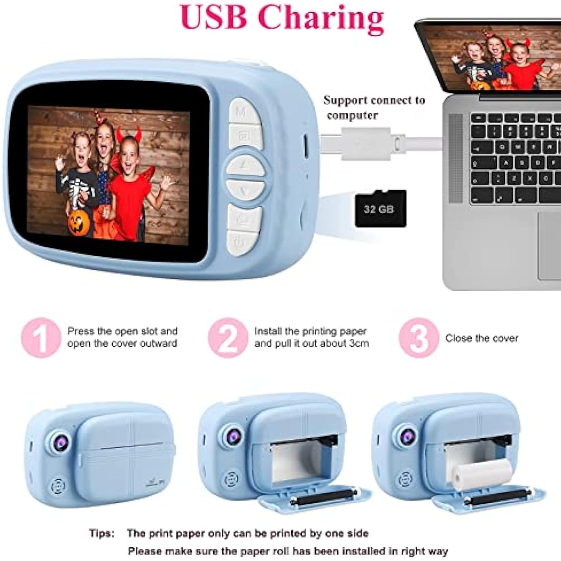 GlobalCrown Kids Camera Instant Print,3.5 Inch Screen Video Child Digital Kids Instant Camera Photo Gifts for Boys Girls (Included 4 Rolls of Printing Paper and 32GB Card)