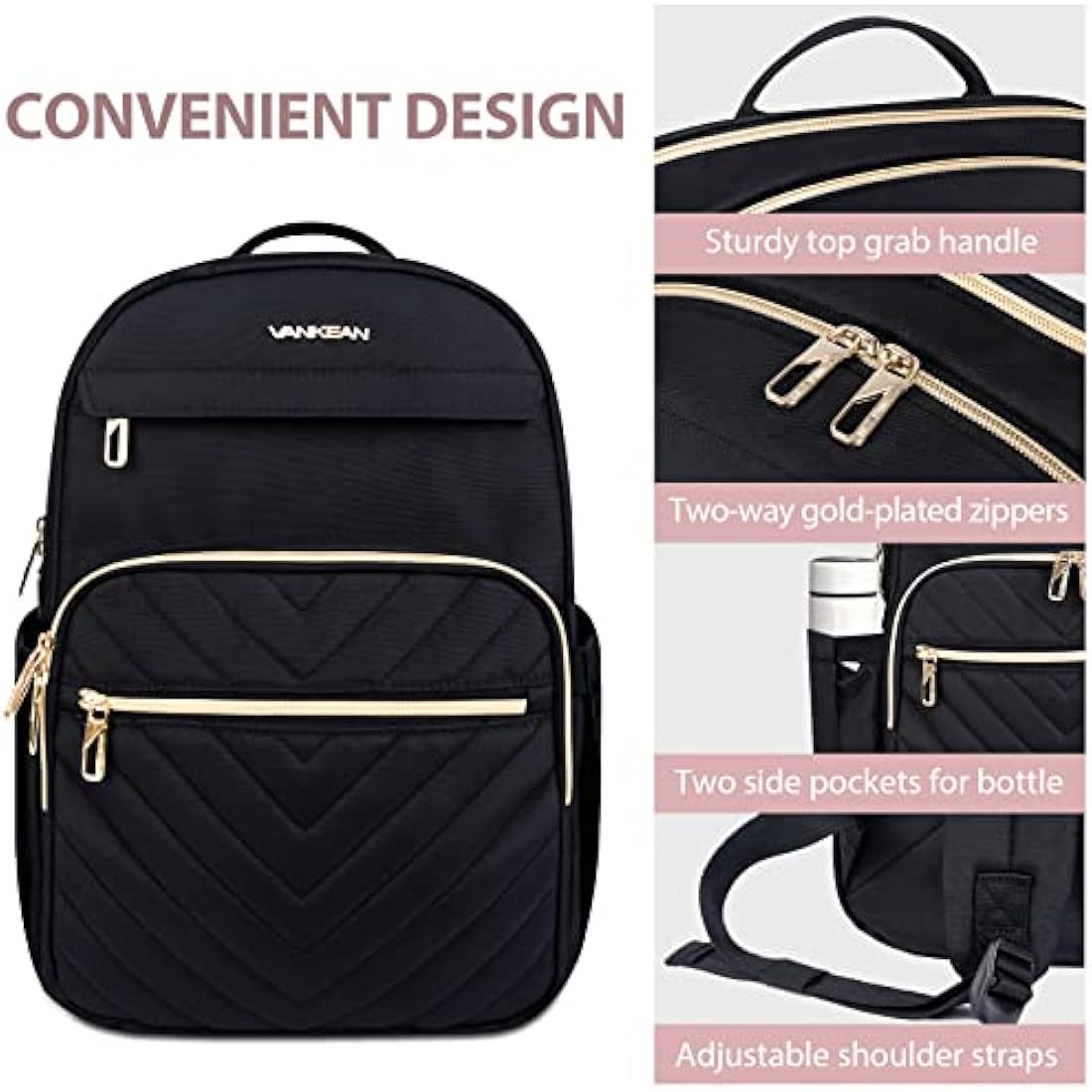 VANKEAN 15.6 Inch Laptop Backpack for Women Men Work Laptop Bag Fashion with USB Port, Waterproof Purse Backpacks Teacher Nurse Stylish Travel Bags Casual Daypacks for College, Business, Black