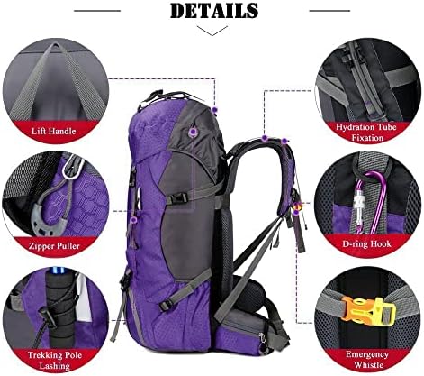 Bseash 60L Waterproof Hiking Camping Backpack with Rain Cover, Lightweight Outdoor Sport Travel Daypack Rucksack for Climbing Skiing