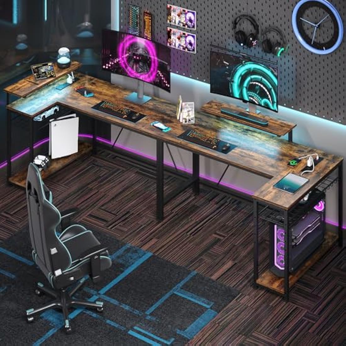 Bestier 132.5CM L-Shaped Desk with 3 Power Outlets & 2 USB Ports, LED Strip Lights – Reversible Corner PC Workstation with Shelves & Hooks for Home Office & Bedroom